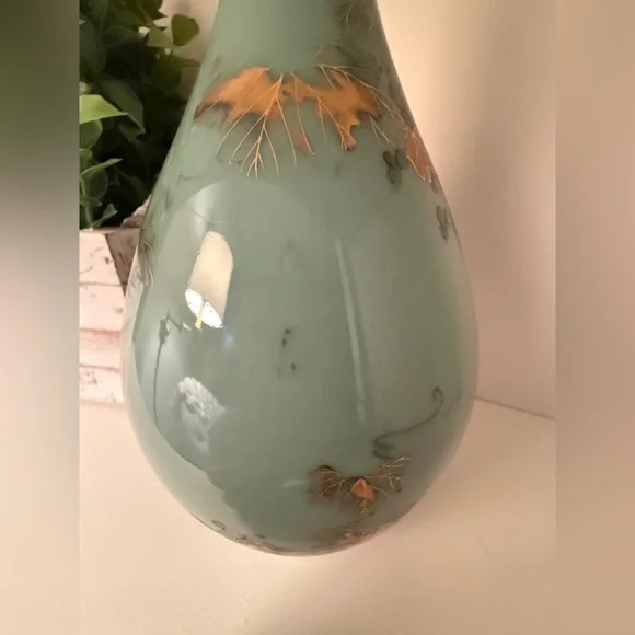 .Asian Turquoise Gilt Decorated Crane Neck Porcelain Glazed Large Vase #1